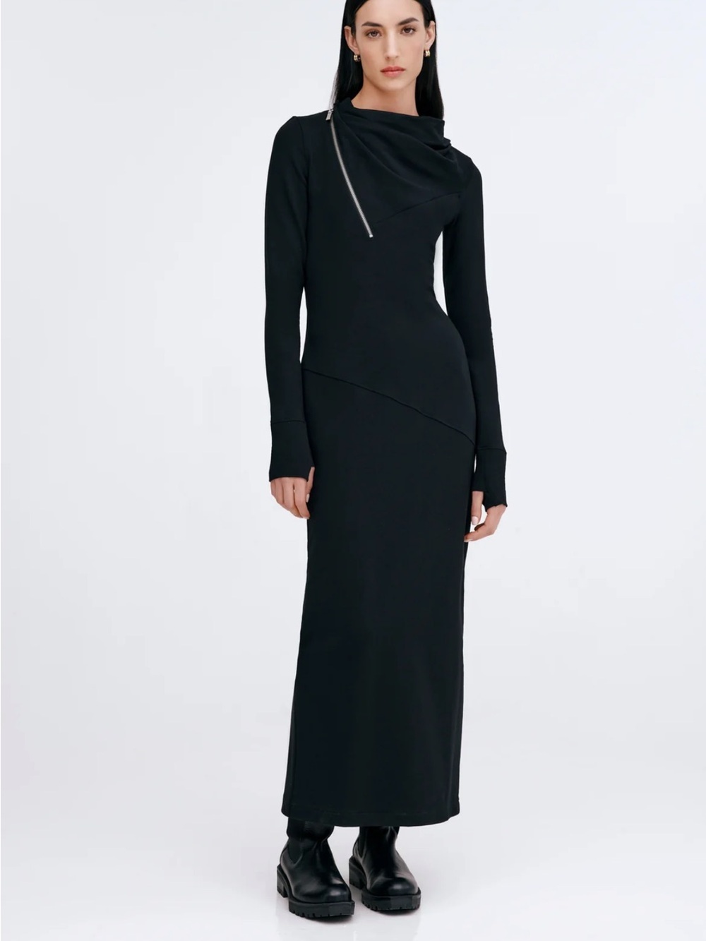 NWOT MARELLA Black Long-Sleeve Maxi Dress with Asymmetric Zip Detail